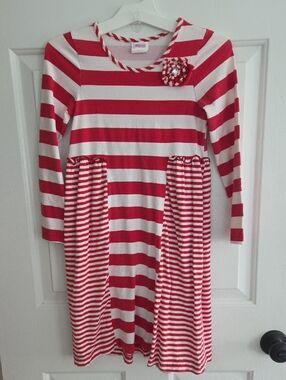 Girls Red and White Striped Cotton Dress with Pocket Details
